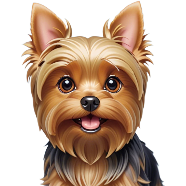 Cinematic Comical Yorkshire Terrier Portrait Emoji, Head tilted dramatically with an exaggeratedly surprised, comical expression and wide, expressive eyes, featuring a perky, well-groomed fur in rich hues, simplified yet hilariously detailed, glowing with a bold, sassy radiance, high shine, exuding playful mischief and cheeky terrier attitude, styled with a soft glowing outline, capturing the essence of a Yorkshire Terrier that appears ready to comically dash out of the frame! emoji