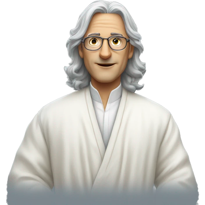 man with long grey hair and aviator glasses in long white robe giving peac emoji