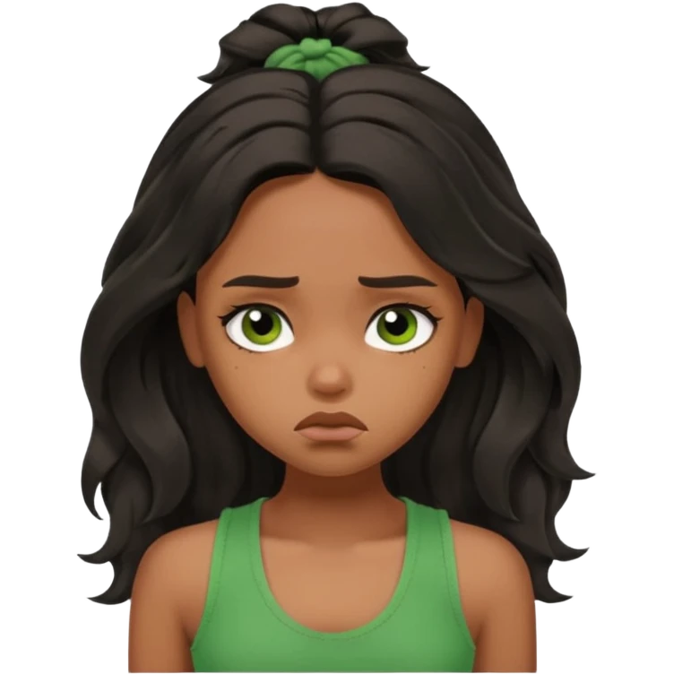a pretty bratz brown girl with long wavy black color hair, brown eyes and green tank who is depressed and sad emoji