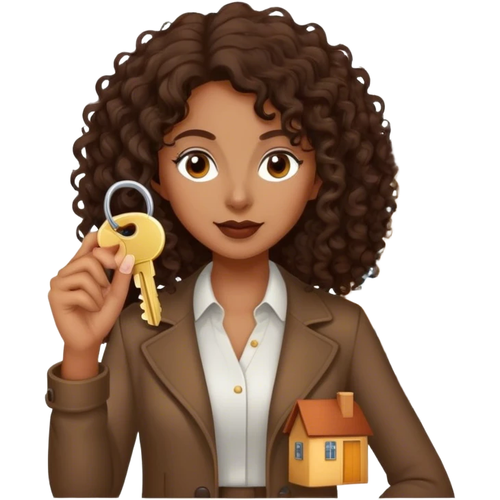 Dark brown lady with medium brown mid length curly hair in real estate job with house and keys emoji