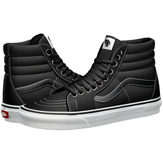 Ultra simplified pair of black Vans Sk8-Hi shoes in iOS emoji style, one positioned behind the other, flat colors, minimal design, essential details only emoji