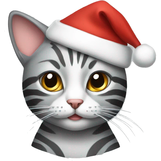 Cat with gray stripes wearing a Christmas hat emoji