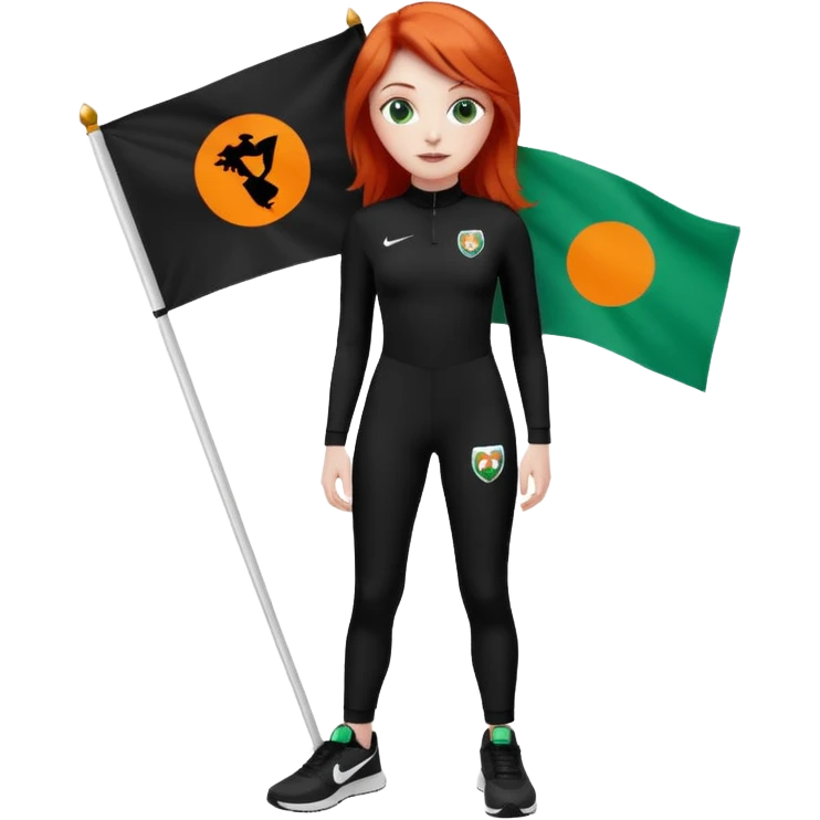white girl wearing orange cameo trousers and along sleeve high neck black bodysuit with black and white Nike trainers. she has red hair and bluey green eyes and is holding flag with her logo on  emoji