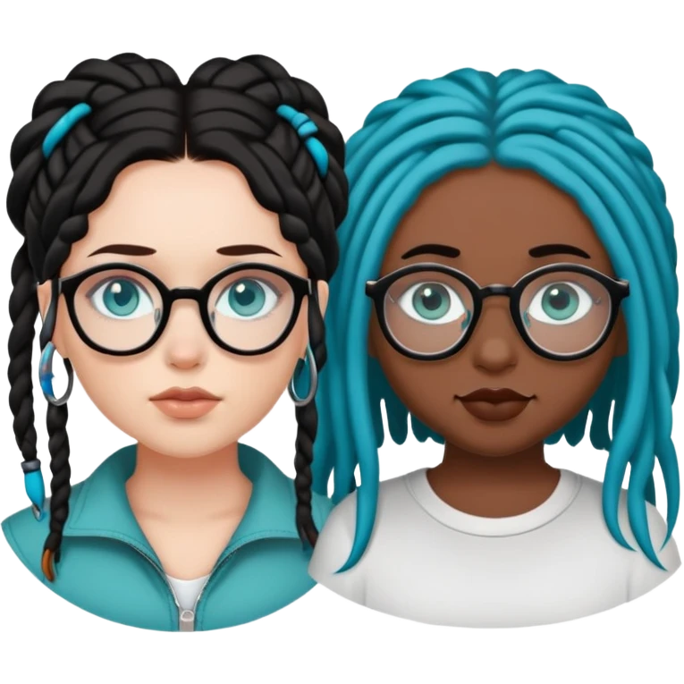 curvy fair skinned girl with teal eyes and black hair, a septum piercing, next to a brown skinned girl with blue dreads and and glasses   emoji