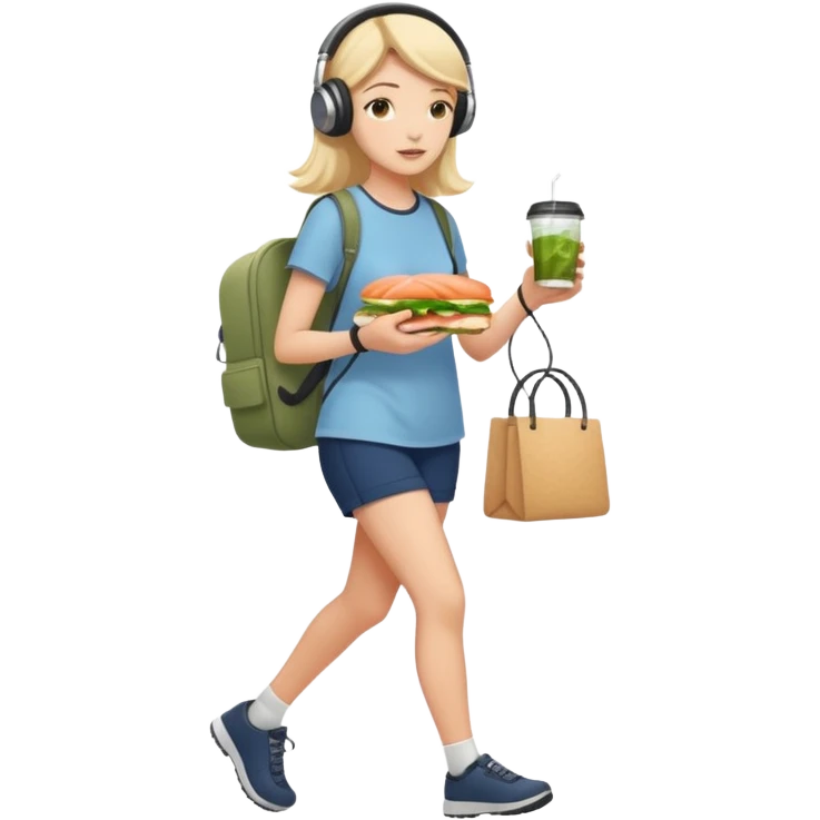 a young woman full length walks with headphones on with a salmon sandwich in one hand and herbal tea in the other hand emoji