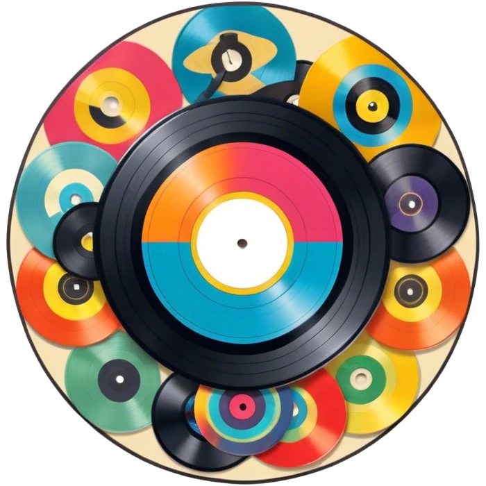 Icon for Vinyl Record Collecting: colorful vinyl records in decorative packaging featuring artist images, neatly arranged on a wall or shelf. The icon should reflect the aesthetic and artistic aspect of collecting vinyl records. Transparent background. emoji