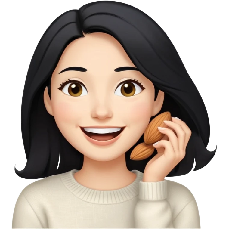 A woman with longer black hair, light to medium skin tone, full cheeks, and almond-shaped eyes, wearing a simple white sweater, joyful and radiant expression, cheerful, laughing. emoji