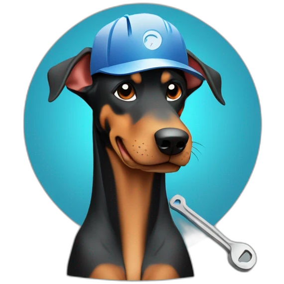 smiling doberman sitting with worker hat holding a wrench in it's paws to remediate a code problem emoji