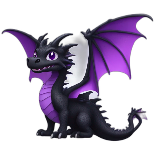 Digital art of a black dragon with a white neck and underside, a purple stripe and purple eyes. emoji