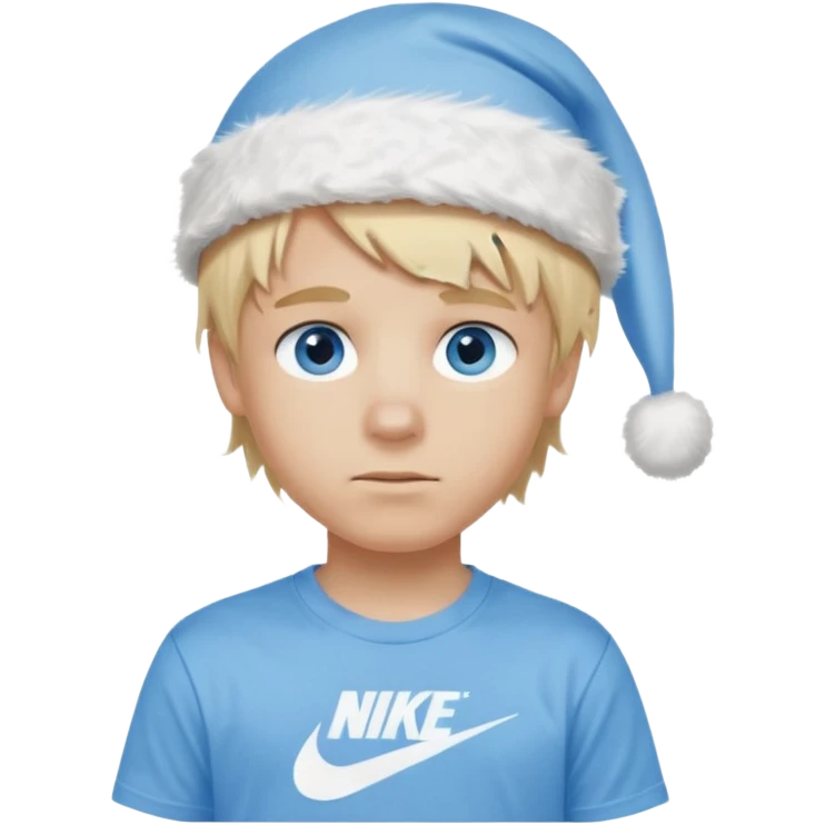 create boy blonde hair long messy, light eyes, white t shirt, rich, long hair, eyes blue, acessory head cristimas blue hat, long hair, t shirt nike emoji
