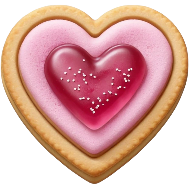 Realistic shortbread cookie in the shape of a heart with pink jelly middle filling and sprinkled powder sugar on top. emoji