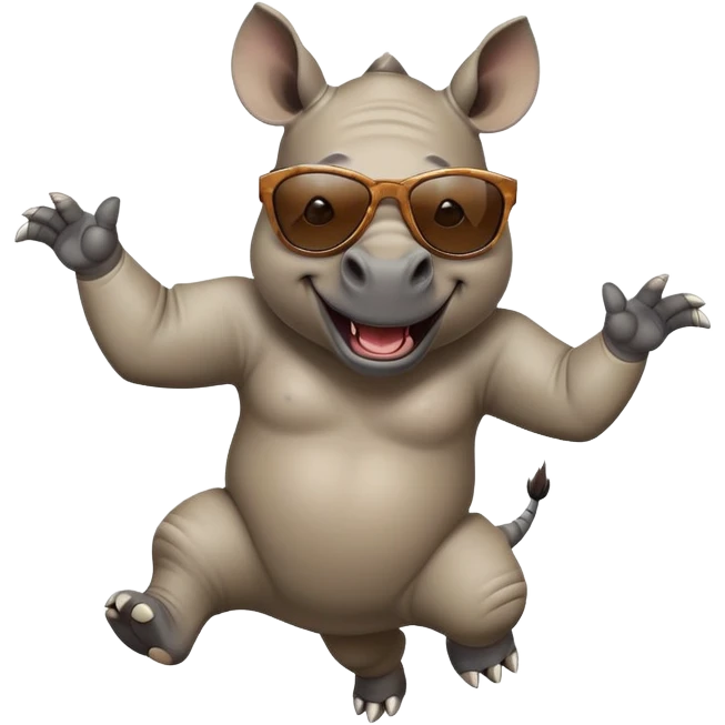 friendly anthropomorphised rhino jumping with excitement, wearing dark sunglasses, standard pose emoji