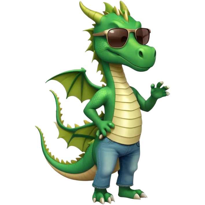 friendly anthropomorphised green dragon in a sports t-shirt and jeans with dark sunglasses walking upright, relaxed pose emoji