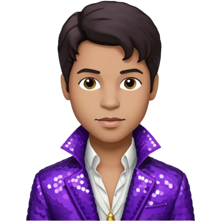 Prince Rogers Nelson with dark brown hair, purple sequin jacket, white shirt emoji