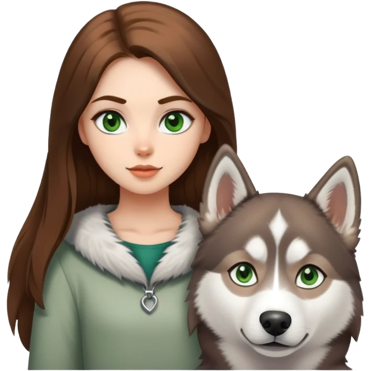 Girl with Green eyes and Brown long hair with husky white and grey  emoji