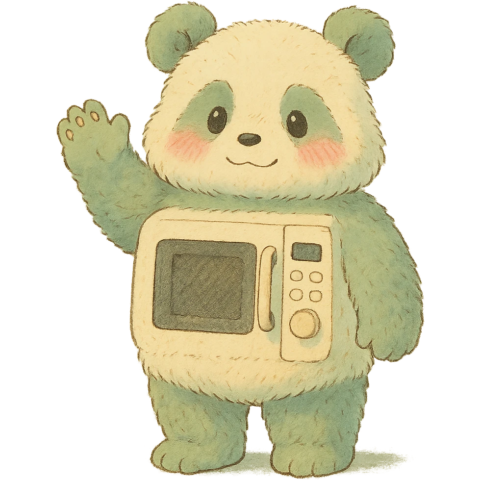 ghibli-style fluffy panda inspired by a microwave oven, blushing and waving, soft pastel colors, full-body emoji