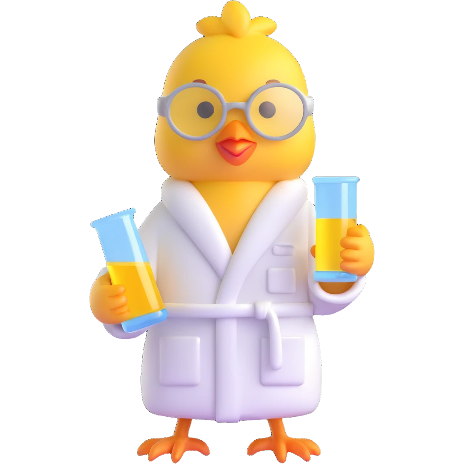 3D style yellow chick in a white bathrobe holding laboratory glassware emoji