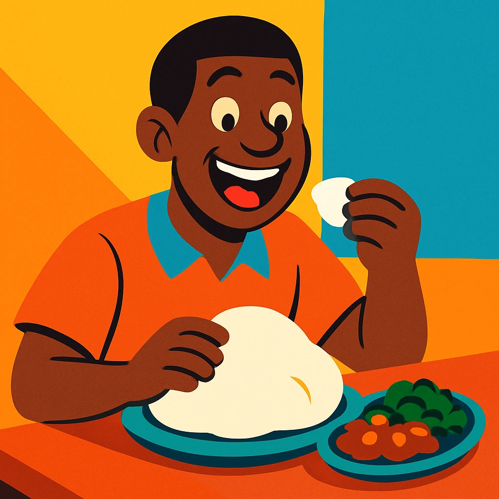 cartoon style, bright colors, joyful atmosphere, man eating sadza emoji