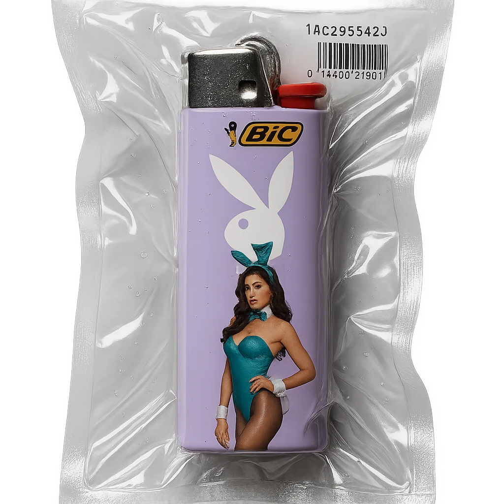 BIC lighter, glossy, with a pastel Playboy Bunny logo and a model in a blue bunny suit emoji