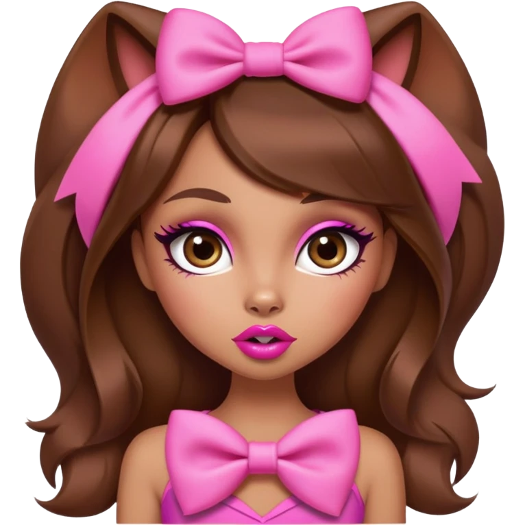 Bratz-inspired character with brown hair, pink bow, exaggerated big lips, and foxy eyes emoji