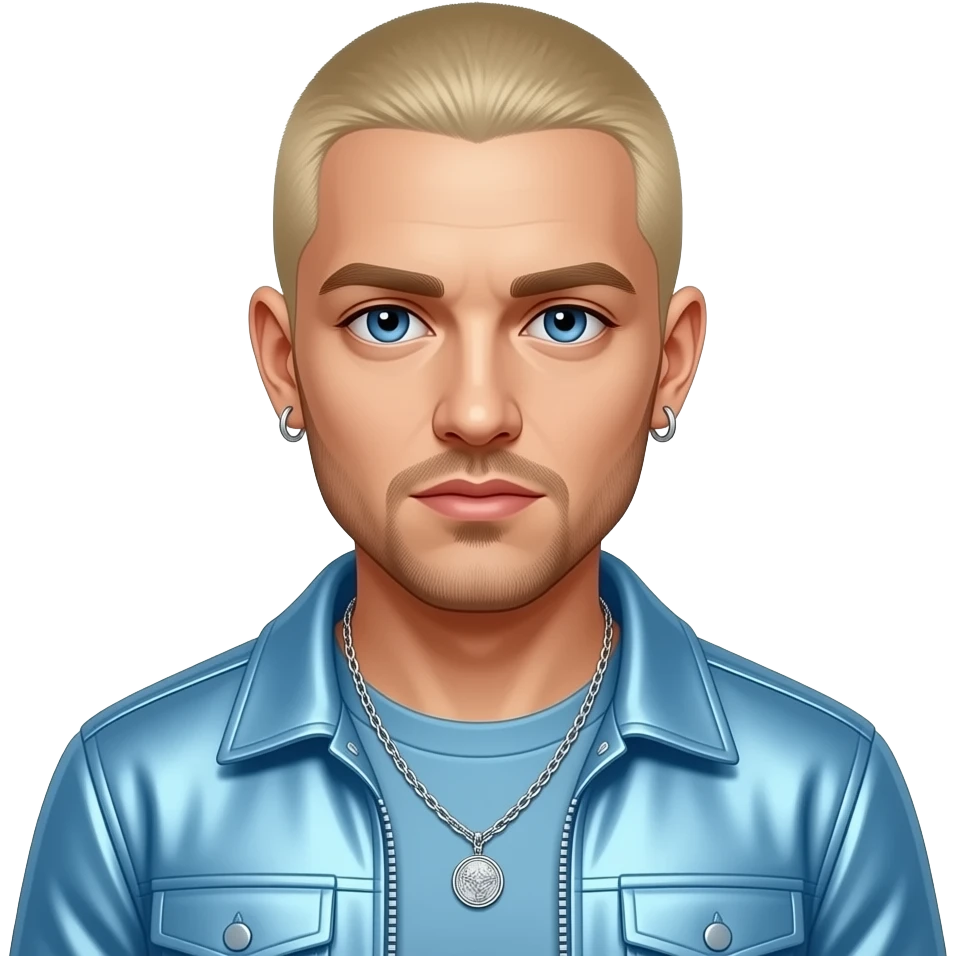 Eminem with blue eyes, blonde buzz cut hair, light blue metallic hip-hop outfit, necklace and earrings emoji