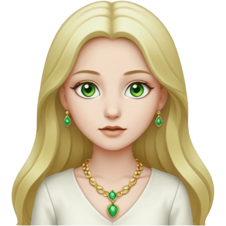 girl with very pale skin, green eyes, long dark blonde hair, white outfit, gold jewelry emoji