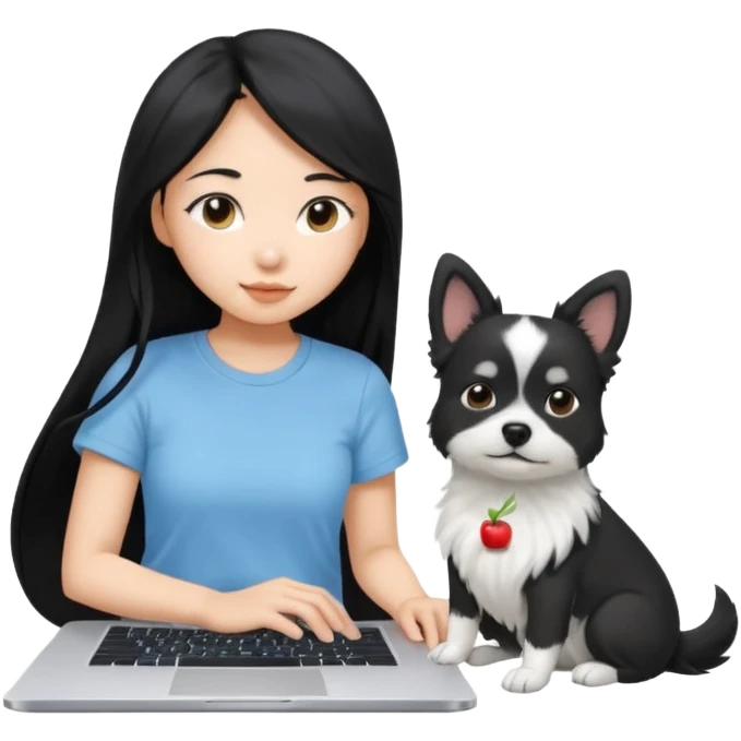 Asian girl long black hair, wearing a light blue t-shirt, working on an Apple laptop, next to her is a small black and white dog emoji