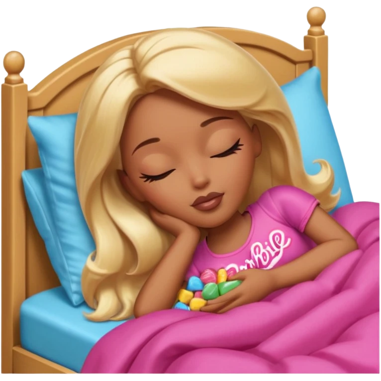 Brown skin blonde hair Barbie sleeping in bed with eyes closed with candy emoji