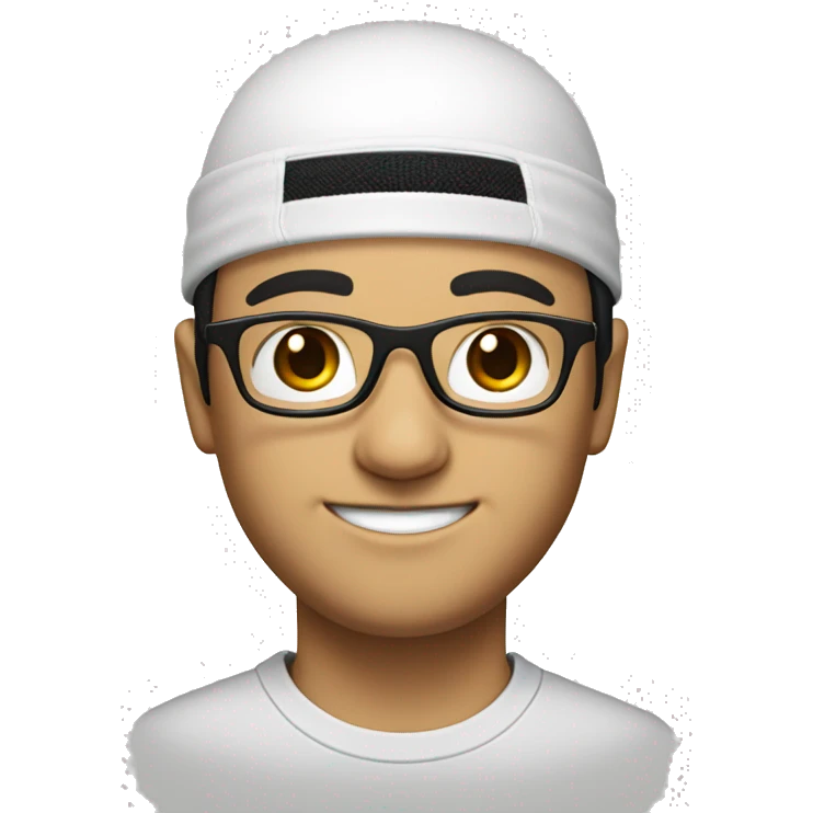 Smiling face with black hair, white round cap (Islamic cap), Block glasses and Head set emoji