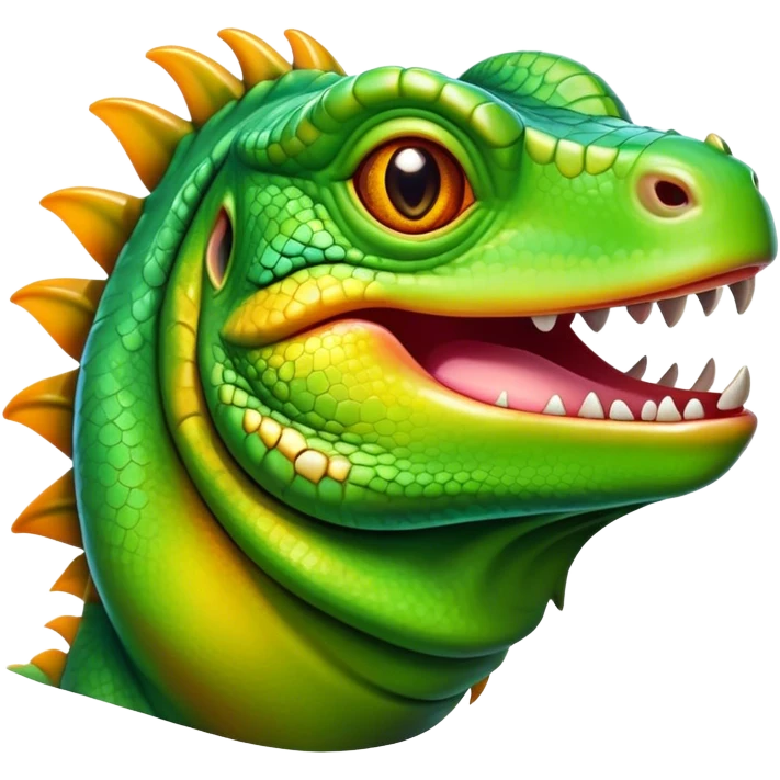 Cinematic Realistic Comical Iguana Portrait Emoji, Head tilted dramatically with an exaggeratedly amused expression, featuring a striking, glossy green-scaled body with bold natural textures and wide, expressive amber eyes brimming with playful disbelief, rendered with lifelike clarity and vibrant hues, high shine, dramatic yet playful, styled with an air of cheeky tropical mischief, soft glowing outline, capturing the essence of a spirited and over‐the‐top iguana that looks ready to charm its way into viral fame! emoji