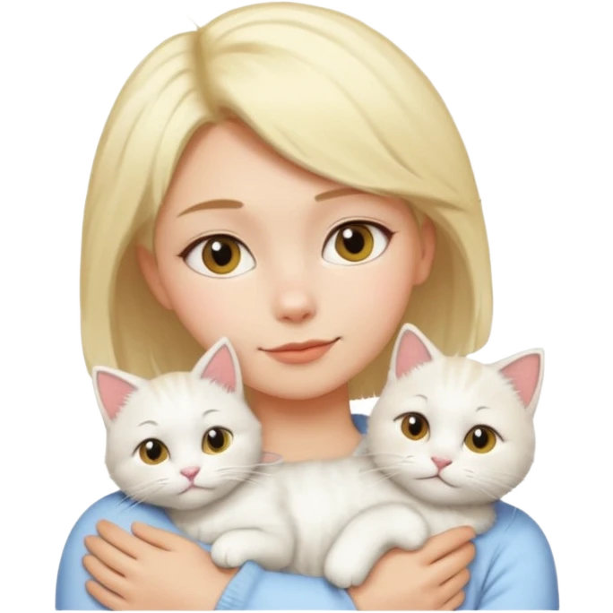 a girl with short blonde hair, a white fluffy cat lying on her left shoulder and neck, emoji style emoji