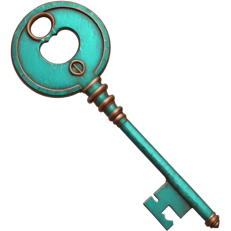 3D render of Vintage Key, heavily oxidized copper texture, verdigris patina, Ornate key fully turned teal, weathered bronze aesthetic, ancient decay, emoji style, isolated on white background --v 6.0. emoji