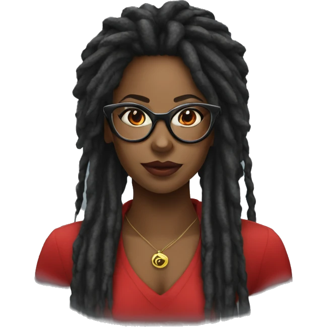 black woman with dreadlocks and red bayonetta glasses emoji