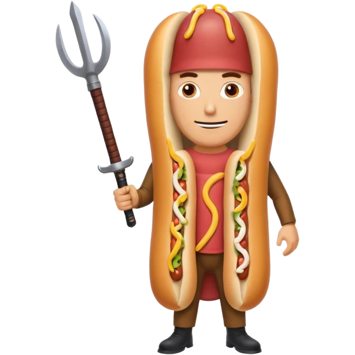 Middle aged attractive man wearing a hot dog costume wielding a katana emoji