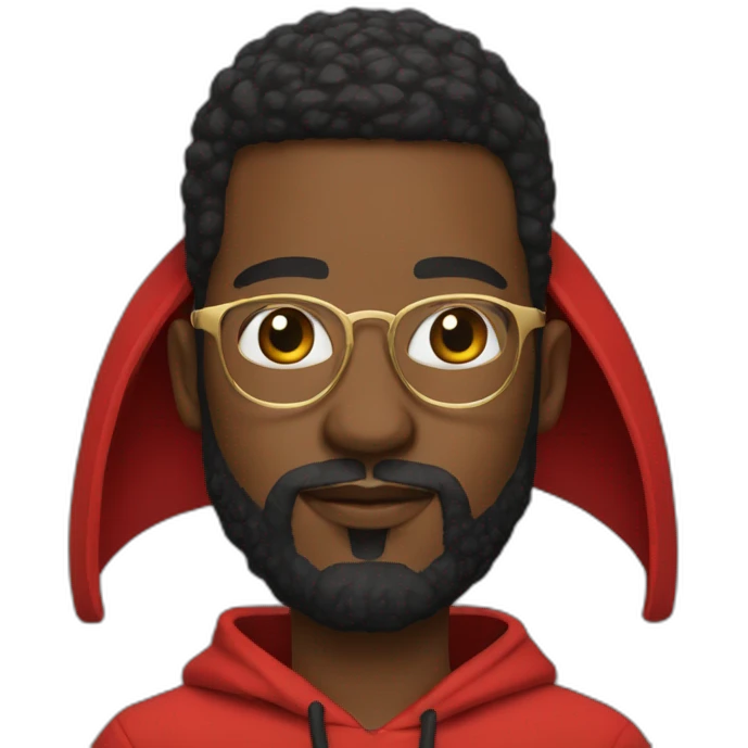 black man with beard, red hoodie on head, and gold framed glasses emoji