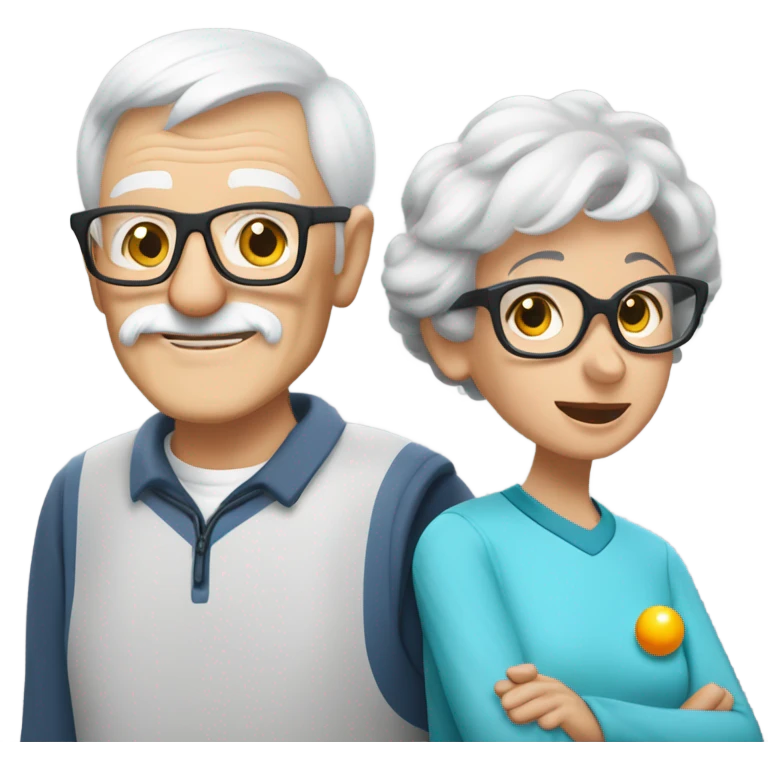A small grandma with short grey hair and glasses, and a thin grandpa with a short white beard and glasses, playing pickle ball with a small black and white schnauzer emoji