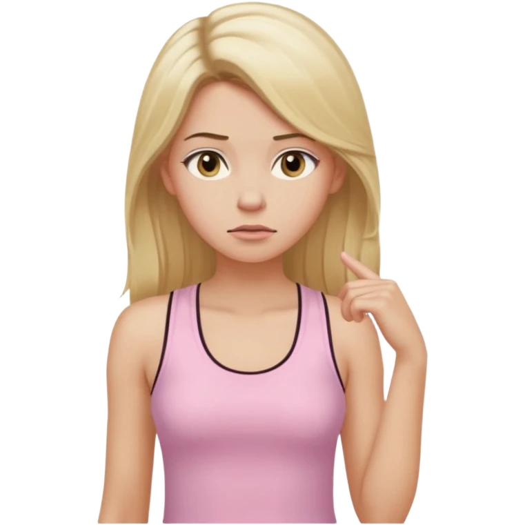 Create a young woman with long blonde hair, golden eyes, and medium-light skin tone, wearing a light pink tank top and leggings. She should be in portrait mode, but with a subtle doubting facial expression—slightly raised eyebrow, small frown, .  and her hand next to her chin likethinking face emoji emoji