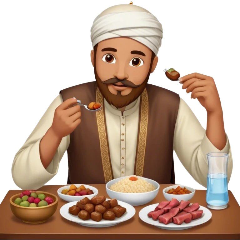 Muslim man with beard and mustache wearing his religious clothes eating if they food : dates on table, meat with rice, fried foods on the table and fruits, water emoji