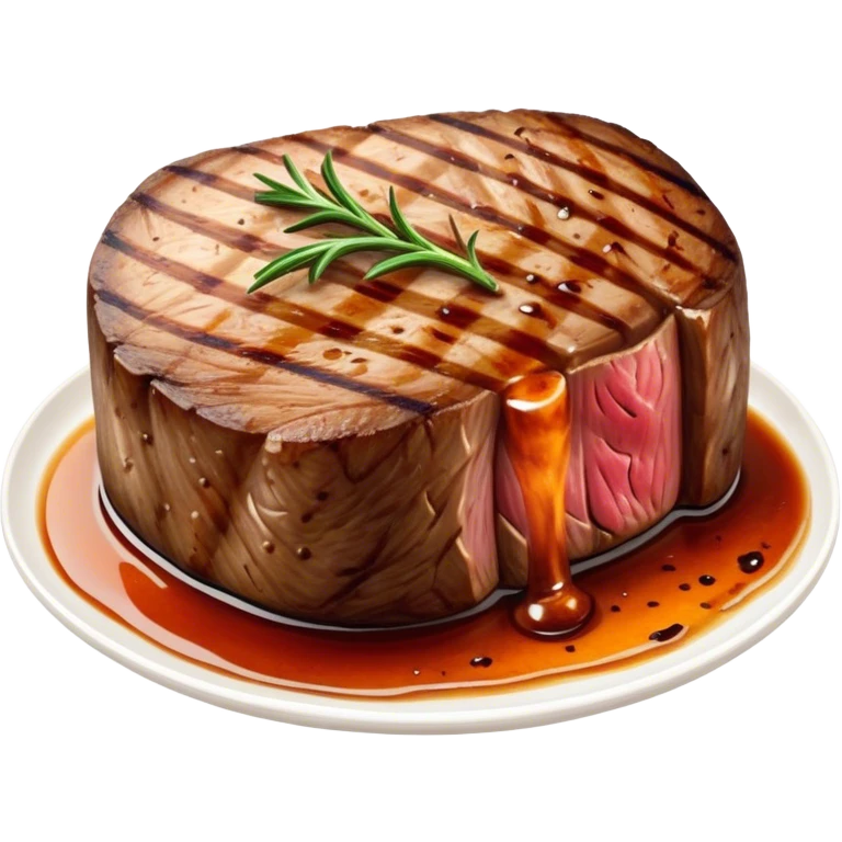 Cinematic thick-cut scotch fillet steak, perfectly seared with grill marks, a grilled center, rich and savory, warm glow, sizzling and mouthwatering, highly detailed and appetizing. emoji