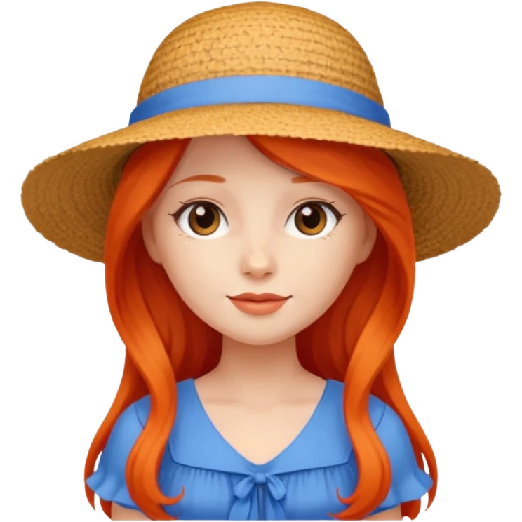 girl_wearing_summer_hat, red orrange long hair, blue dress emoji