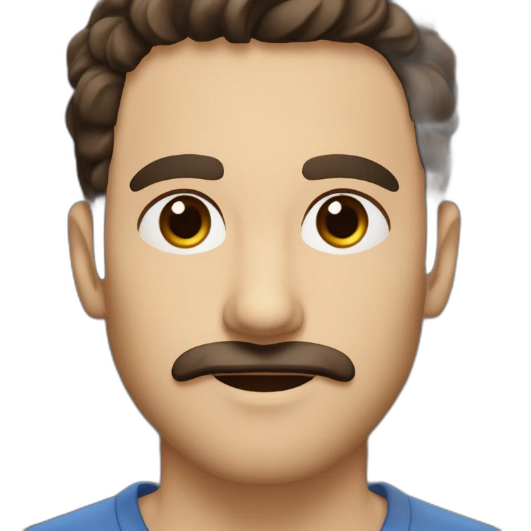A young Caucasian man with dark brown, almond-shaped eyes, short dark brown hair, and a small dark brown beard with a more prominent mustache. emoji