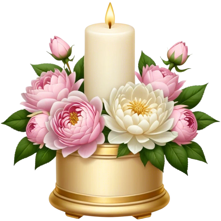 An elegant ivory candle in a golden holder, surrounded by a lush bouquet of soft pink roses, white peonies, and blush dahlias, flickering gently in the dim candlelight. emoji