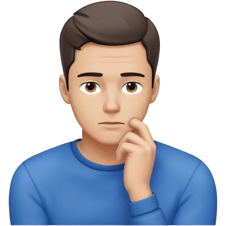Close-up of a male character in blue clothing, with a thoughtful expression and hand resting on his chin, symbolizing deep thinking. Minimalist, modern style, focusing on facial expression and attire emoji
