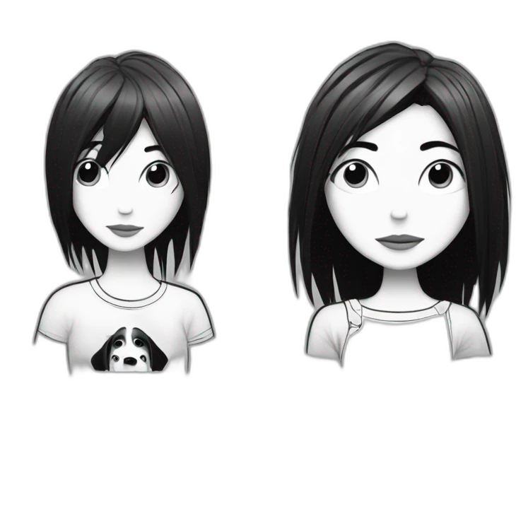 a dog and a girl with black spiky hair looking at each other in style of ((sarah andersen)), black and white emoji