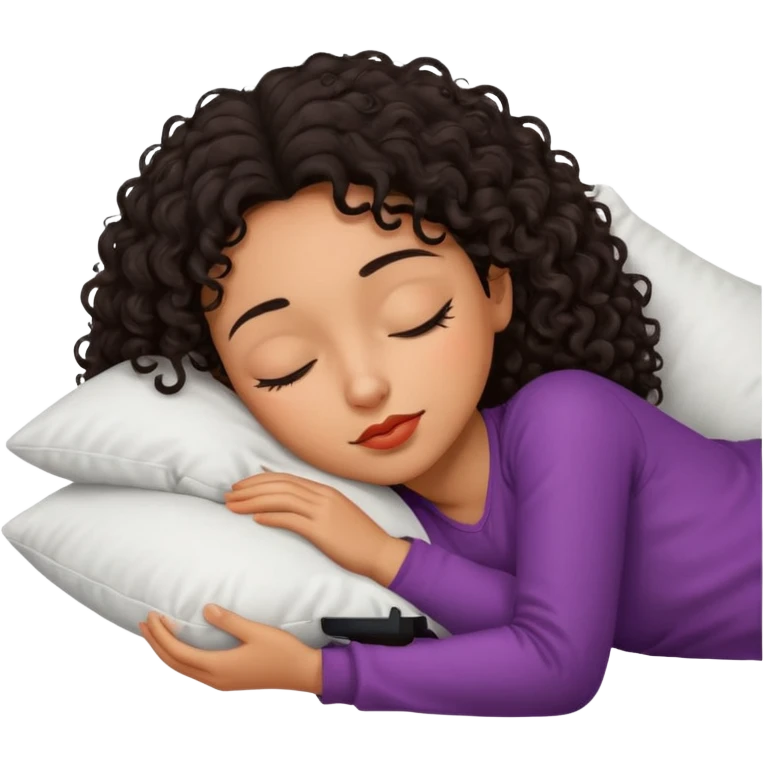 Sleeping Spanish girl on white pillow dark curly hair mixed skin emoji
