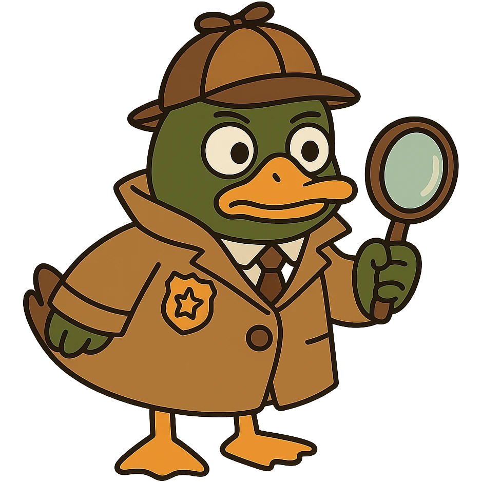Make this mallard duck detective match the style and outfit of the first image: cute, cartoon, wearing a trench coat and detective hat, holding a magnifying glass, with no background. emoji