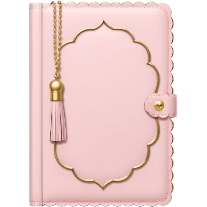a soft pink journal with scalloped edges, tiny gold dot details, and a small tassel charm, cozy and elegant stationery vibe emoji