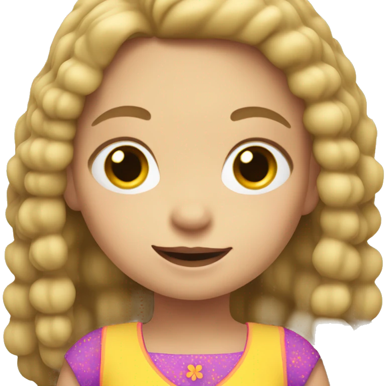 Emoji of a small white girl, 5 years old, with straight dark blonde hair. She has a cheerful expression and is wearing a colorful dress emoji