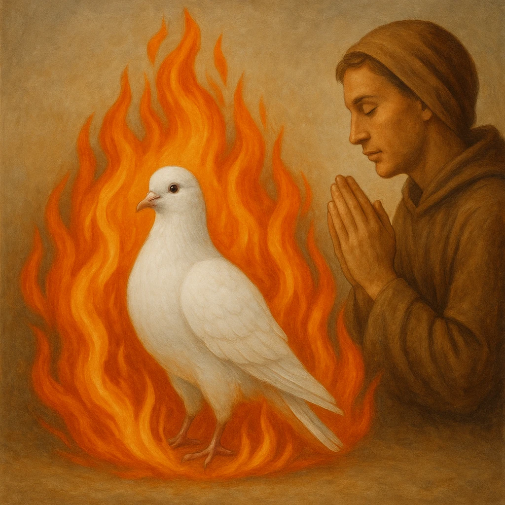 a white pigeon with fire and a person praying, visually balanced composition emoji