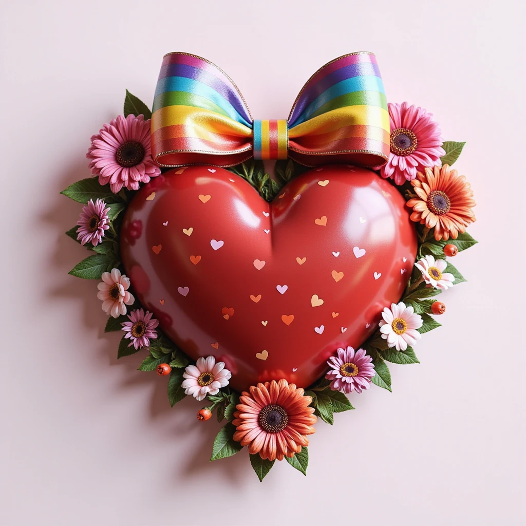 realistic heart with flowers, rainbow bow with heart pattern on the bow, photorealistic style emoji